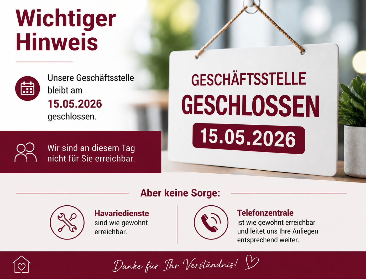 📢 Hinweis zur Erreichbarkeit unserer Geschäftsstelle